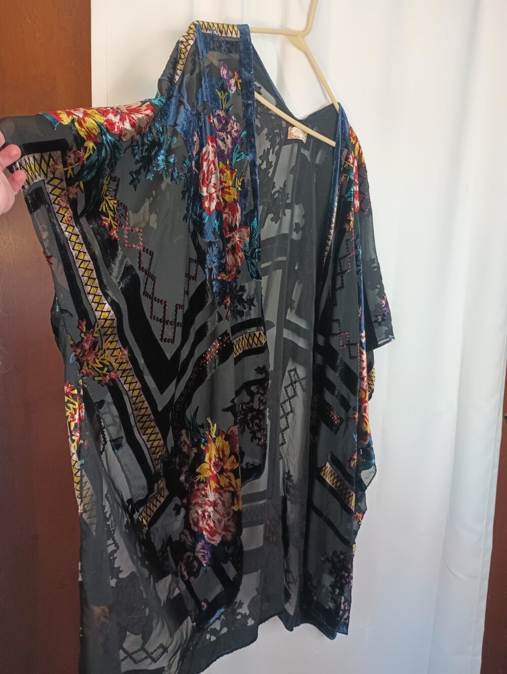 Womens Dark Bohemian Velvet Burnout Open Kimono OS Sheer Mesh Whimsigoth Fairy